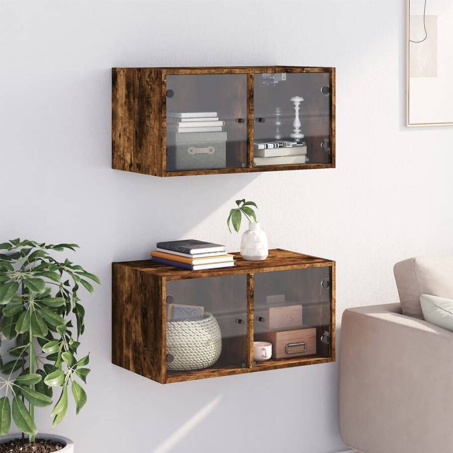 VidaXL -Wandkasten-met-glazen-deuren-2-st-68 5x37x35-cm-gerookt-eiken