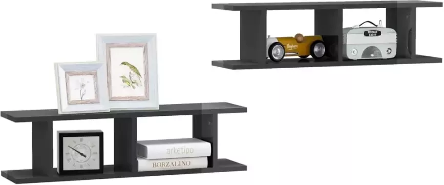 VIDAXL Wandschappen 2 st 75x18x20 cm bewerkt hout hoogglans grijs - Foto 2