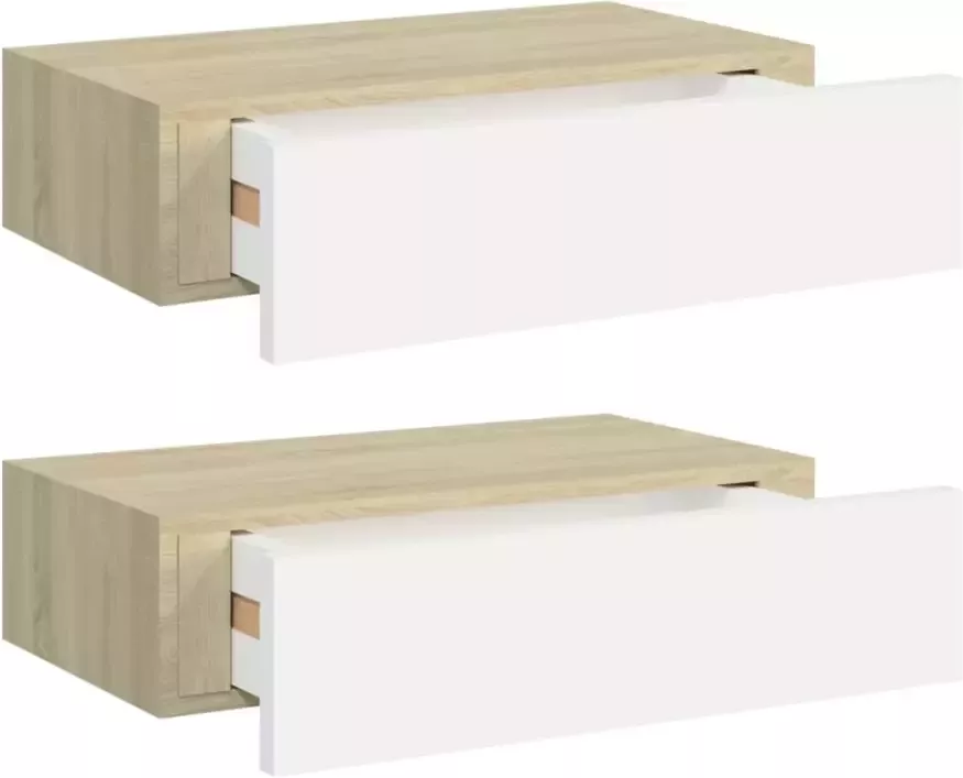 VIDAXL Wandschappen 2 st met lade 40x23 5x10 cm MDF eikenkleur en wit - Foto 2