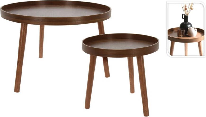 Home & Styling Bijzettafel plantenstandaard set 2-delig walnoot bruin MDF hout D38 x H34 cm en D60 x H40 cm - Foto 2