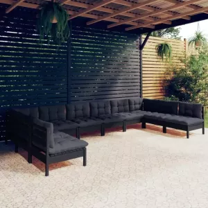 VIDAXL 10-delige Loungeset met kussens massief grenenhout zwart
