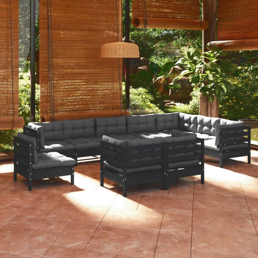 VIDAXL 10-delige Loungeset met kussens massief grenenhout zwart - Foto 3