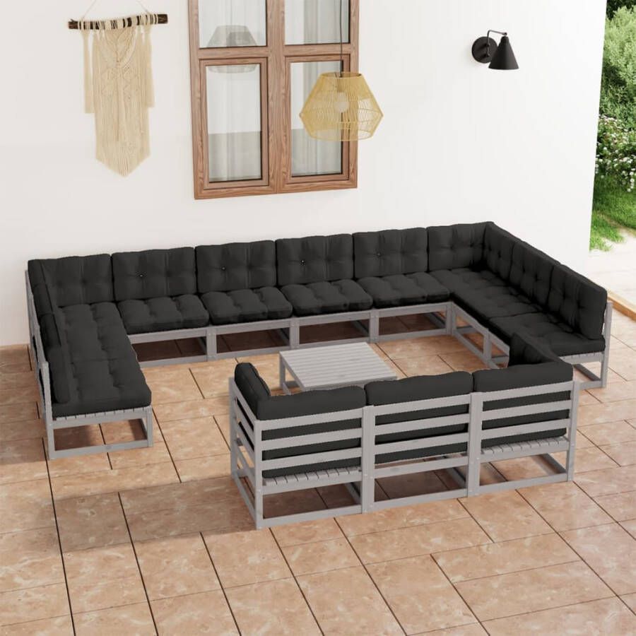 VIDAXL 14-delige Loungeset met kussens massief grenenhout grijs - Foto 4