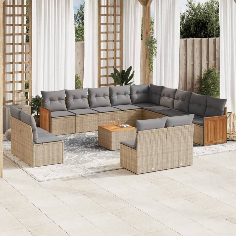 VIDAXL 14-delige Loungeset met kussens poly rattan beige - Foto 4