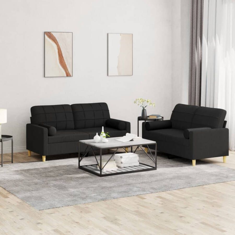 VidaXL -2-delige-Loungeset-met-kussens-stof-zwart