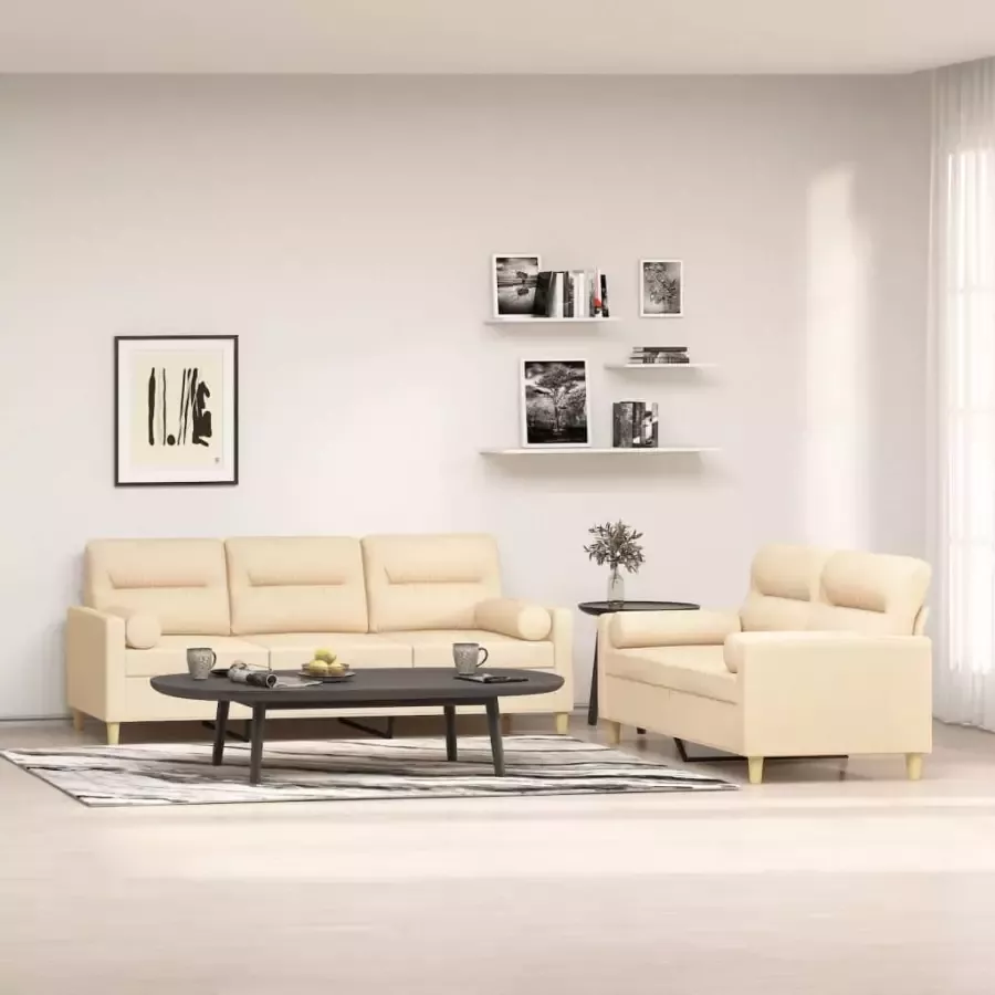 VidaXL 2-delige Loungeset met sierkussens en kussens stof crèmekleurig