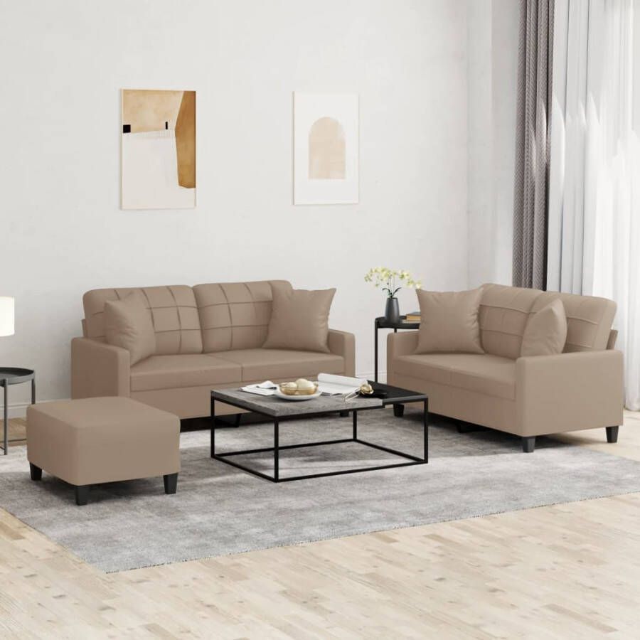 VidaXL -3-delige-Loungeset-met-kussens-kunstleer-cappuccinokleurig