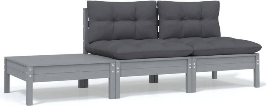 VIDAXL 3-delige Loungeset met kussens massief grenenhout grijs - Foto 4