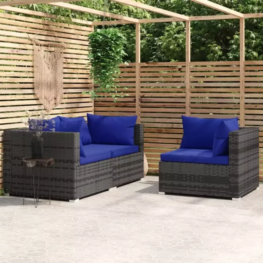 VIDAXL 3-delige Loungeset met kussens poly rattan grijs - Foto 4