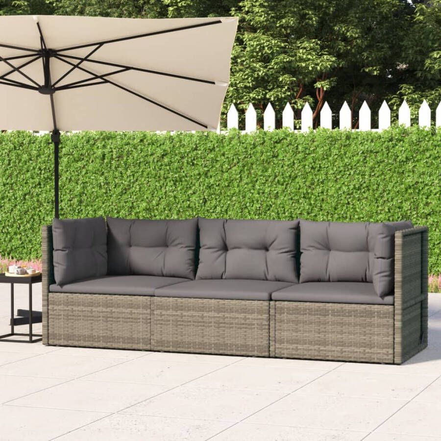 VIDAXL 3-delige Loungeset met kussens poly rattan grijs - Foto 4