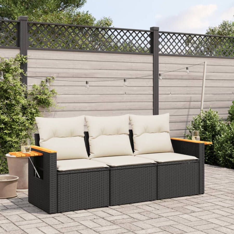 VIDAXL 3-delige Loungeset met kussens poly rattan zwart - Foto 3