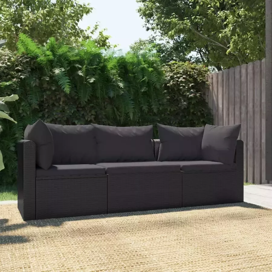 VidaXL 3-delige Loungeset met kussens poly rattan zwart - Foto 3