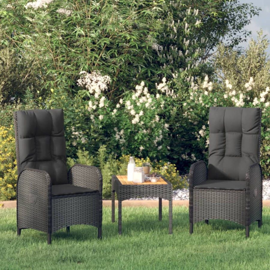 VIDAXL 3-delige Loungeset met kussens poly rattan zwart - Foto 4