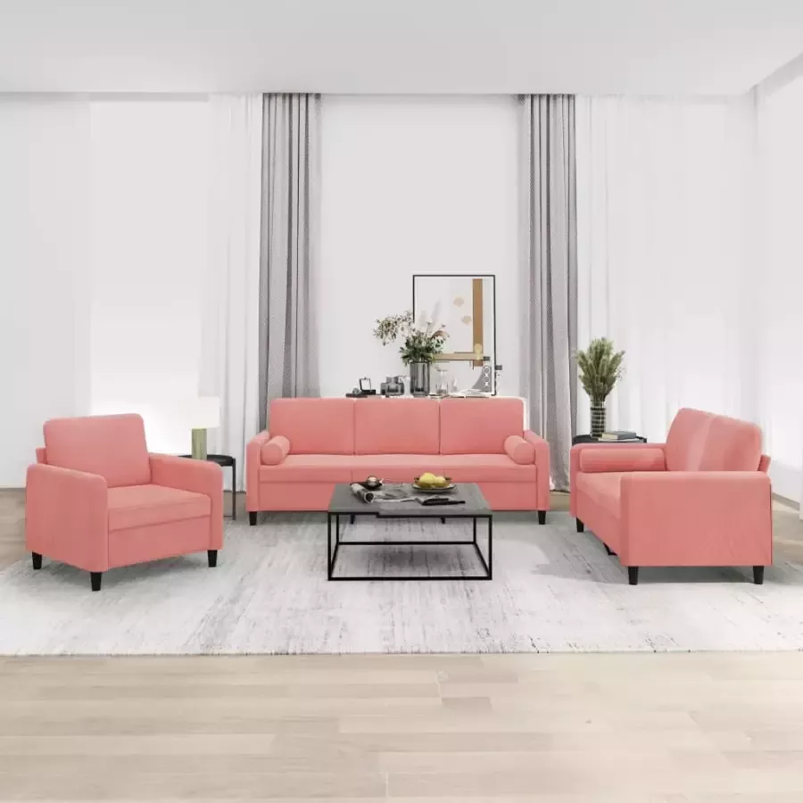 VIDAXL 3-delige Loungeset met sierkussens en kussens fluweel roze - Foto 2