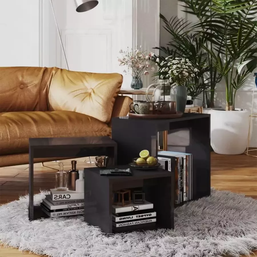 VidaXL 3-delige Tafeltjesset spaanplaat hoogglans grijs