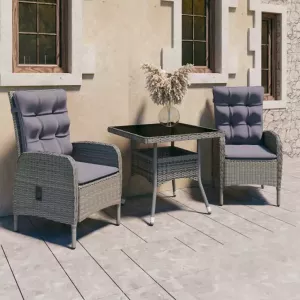 VIDAXL 3-delige Tuinset poly rattan en glas grijs