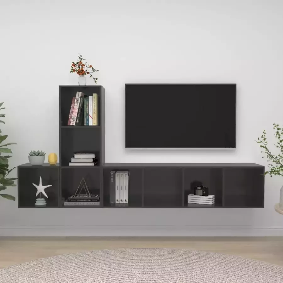 VidaXL 3-delige Tv-meubelset bewerkt hout hoogglans grijs - Foto 3