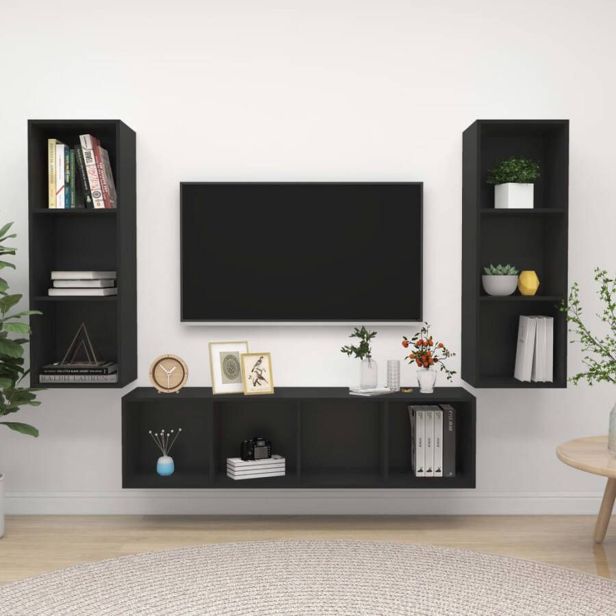 VIDAXL 3-delige Tv-meubelset spaanplaat zwart