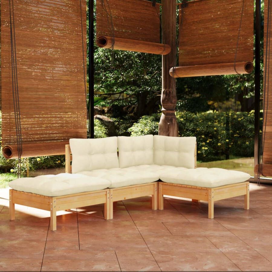 VIDAXL 4-delige Loungeset met crèmekleurige kussens massief grenenhout - Foto 4