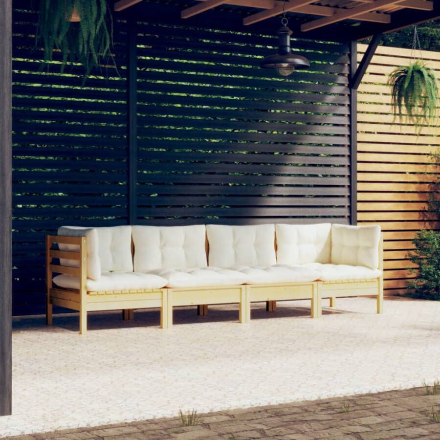 VIDAXL 4-delige Loungeset met crèmekleurige kussens massief grenenhout - Foto 4