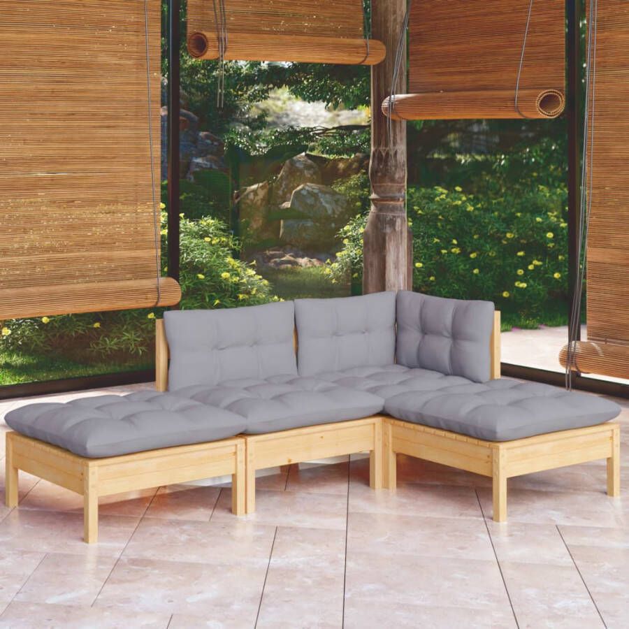 VidaXL 4-delige Loungeset met grijze kussens massief grenenhout - Foto 4