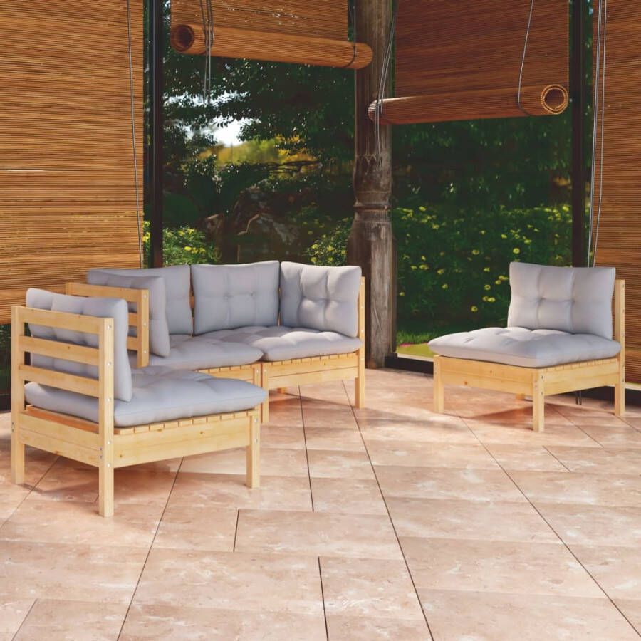 VidaXL 4-delige Loungeset met grijze kussens massief grenenhout - Foto 4