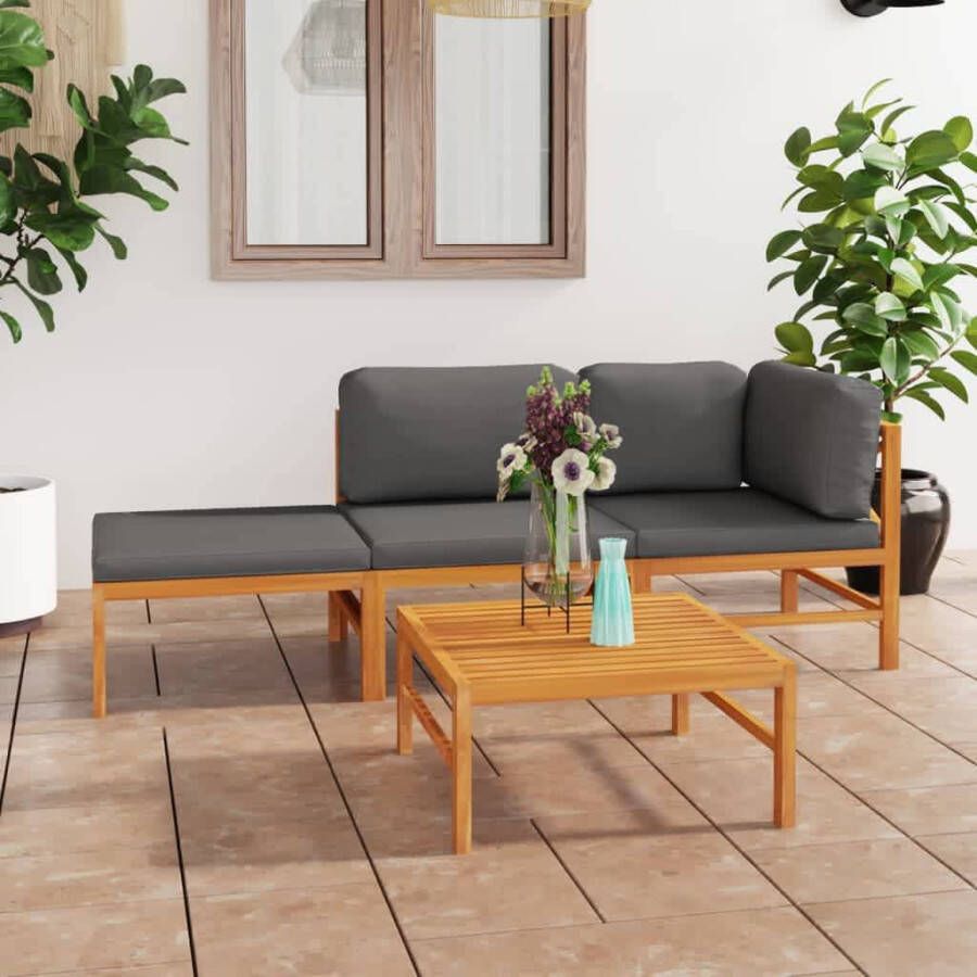 VIDAXL 4-delige Loungeset met grijze kussens massief teakhout - Foto 4