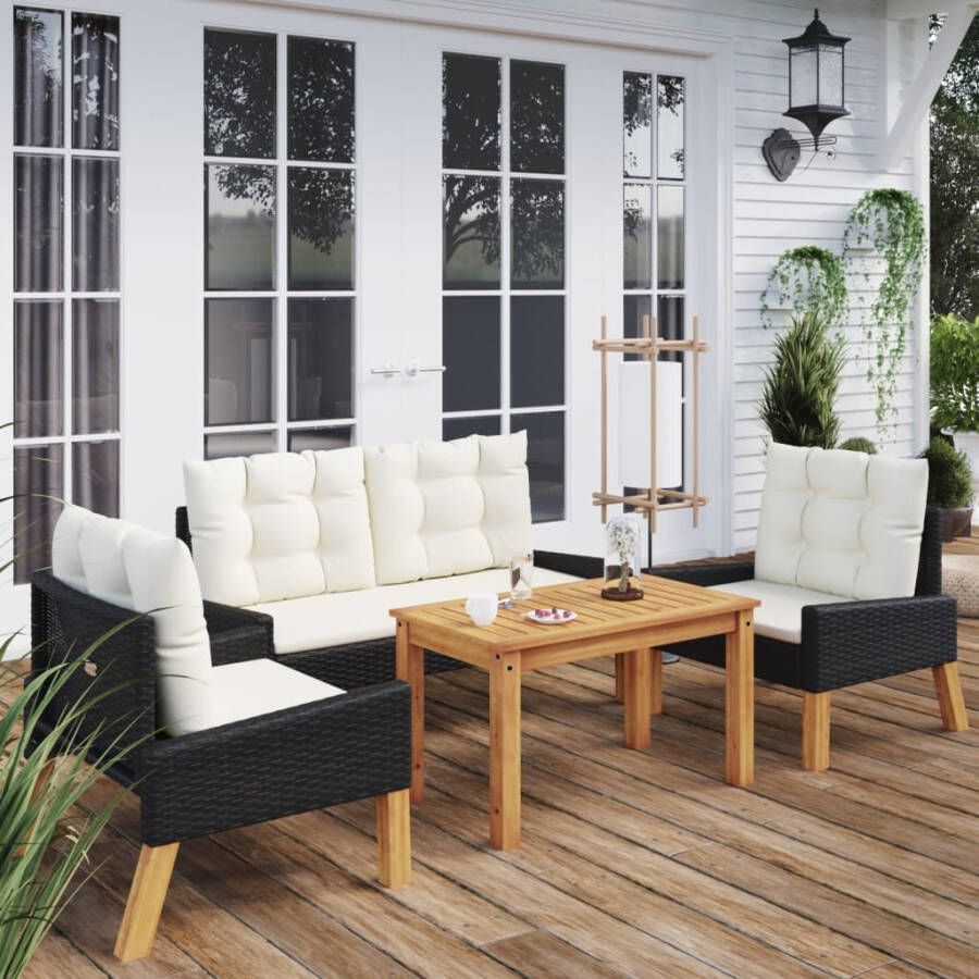 VIDAXL 4-delige Loungeset met kussens poly rattan en massief hout - Foto 4