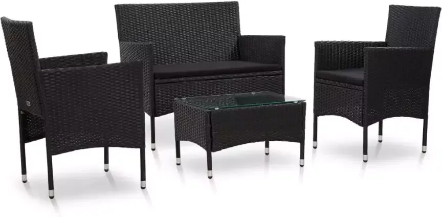 VidaXL 4-delige Loungeset met kussens poly rattan zwart - Foto 4