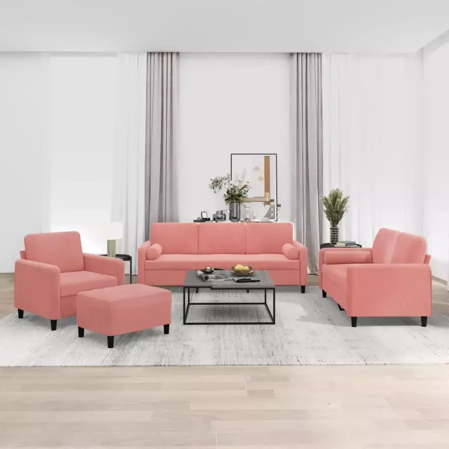 VIDAXL 4-delige Loungeset met sierkussens en kussens fluweel roze - Foto 1