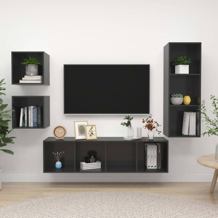 VidaXL -4-delige-Tv-meubelset-spaanplaat-hoogglans-grijs - Foto 1