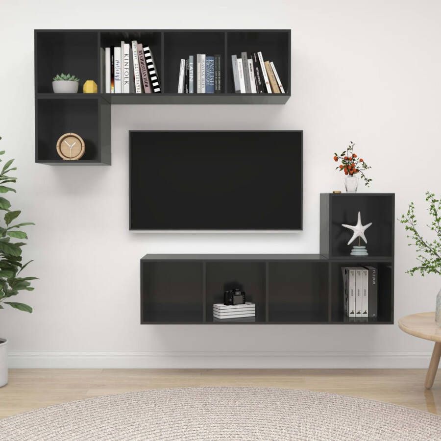 VidaXL -4-delige-Tv-meubelset-spaanplaat-hoogglans-grijs - Foto 1
