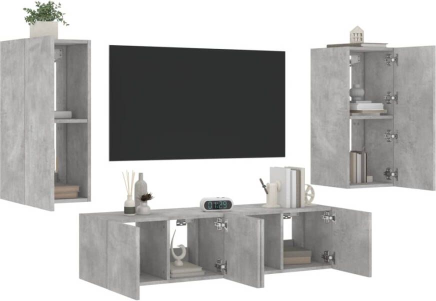 VidaXL -4-delige-Tv-wandmeubelset-met-LED-bewerkt-hout-betongrijs - Foto 4