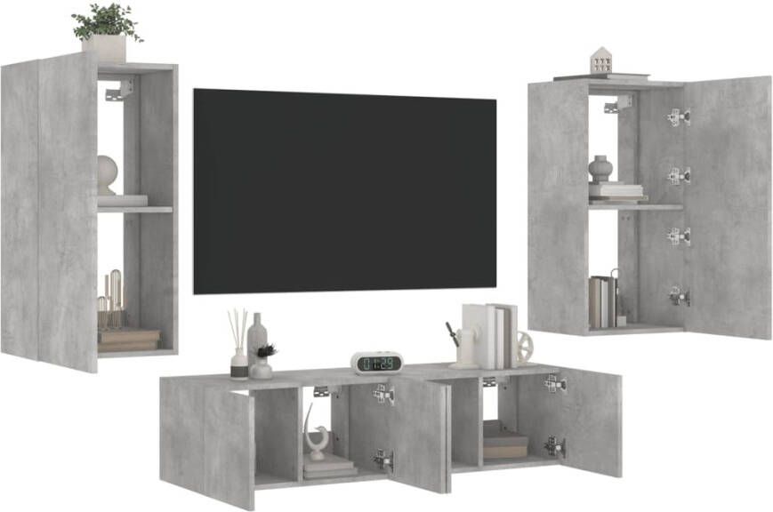 VidaXL -4-delige-Tv-wandmeubelset-met-LED-bewerkt-hout-betongrijs - Foto 4