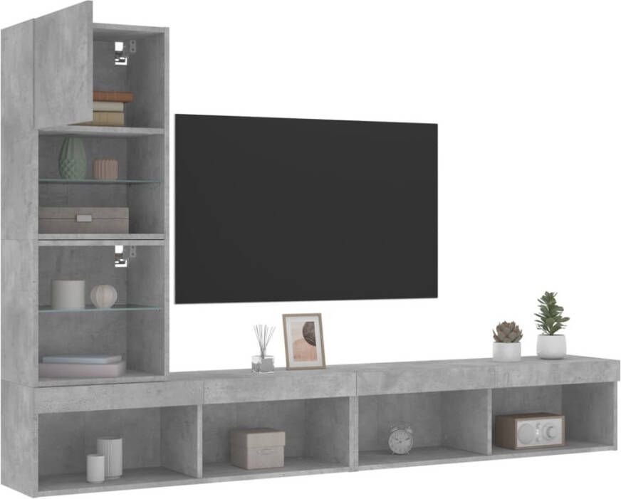 VidaXL -4-delige-Tv-wandmeubelset-met-LED-bewerkt-hout-betongrijs - Foto 4