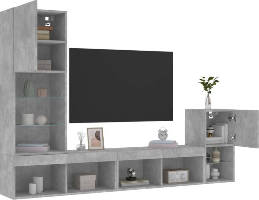 VidaXL -4-delige-Tv-wandmeubelset-met-LED-bewerkt-hout-betongrijs - Foto 2