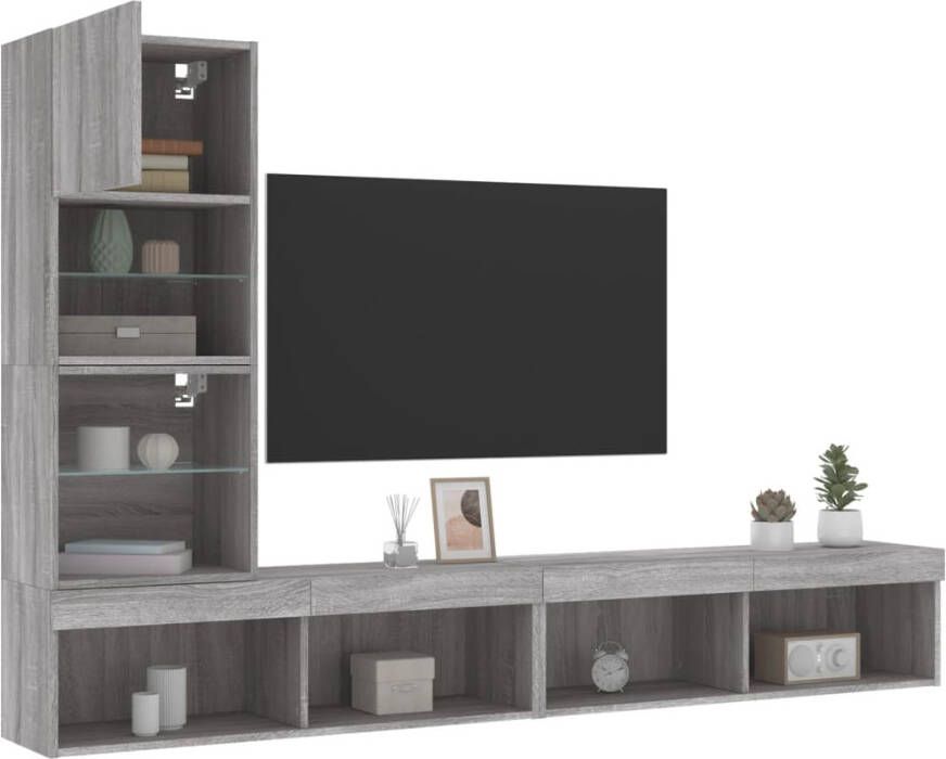 VidaXL -4-delige-Tv-wandmeubelset-met-LED-bewerkt-hout-grijs-sonoma - Foto 2