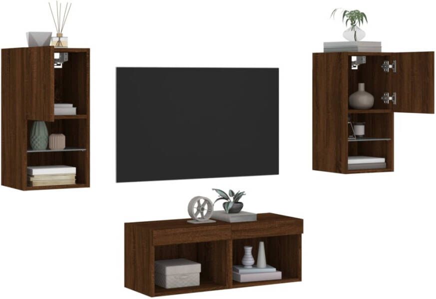 VidaXL -4-delige-tv-wandmeubelset-met-LED-verlichting-bruineikenkleurig - Foto 4
