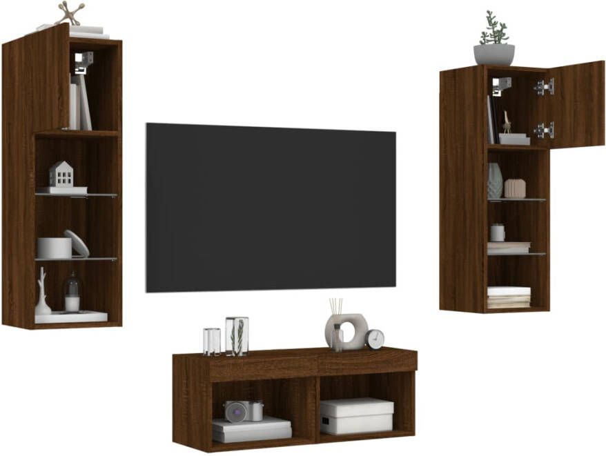 VidaXL -4-delige-tv-wandmeubelset-met-LED-verlichting-bruineikenkleurig - Foto 4