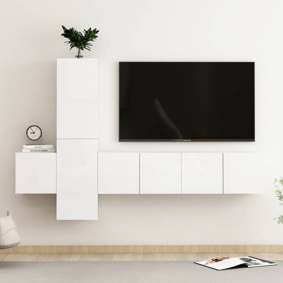 VidaXL -5-delige-Tv-meubelset-spaanplaat-hoogglans-wit - Foto 1