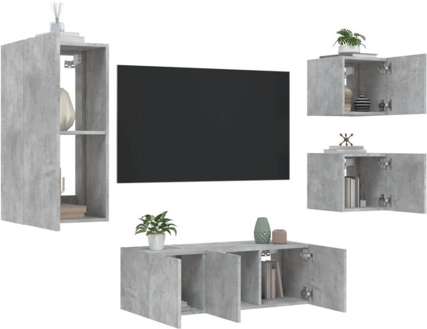 VidaXL -5-delige-Tv-wandmeubelset-met-LED-bewerkt-hout-betongrijs - Foto 4
