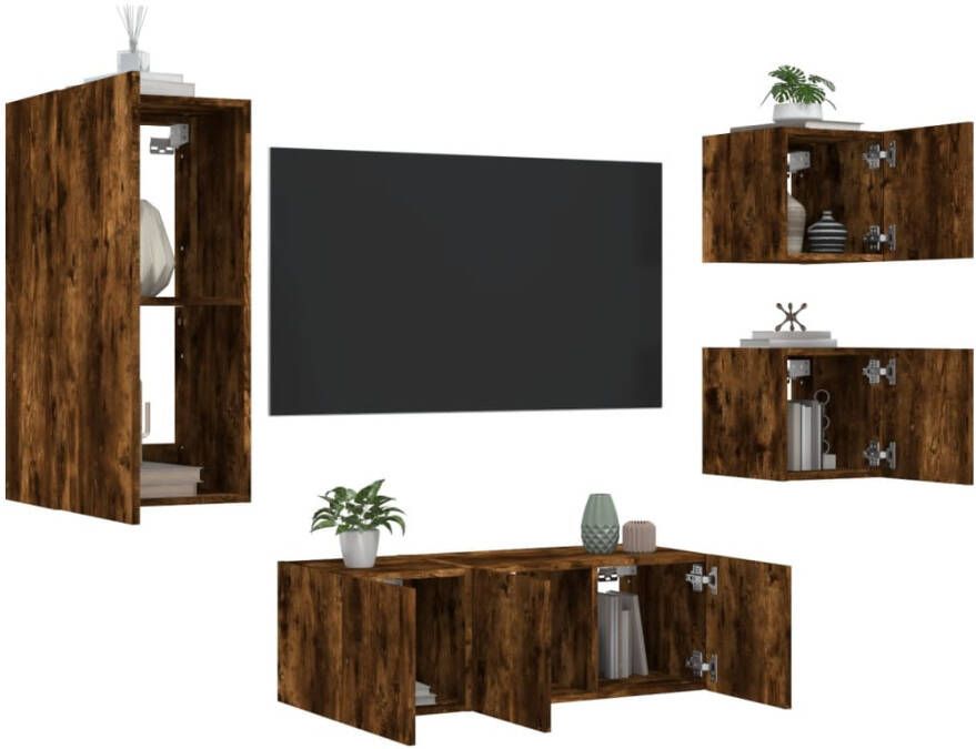VidaXL -5-delige-tv-wandmeubelset-met-LED-bewerkt-hout-gerookt-eiken - Foto 4