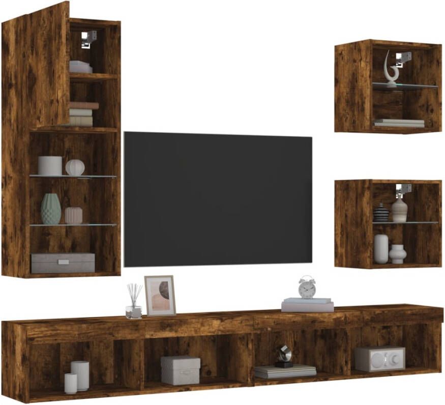 VidaXL -5-delige-tv-wandmeubelset-met-LED-bewerkt-hout-gerookt-eiken - Foto 2