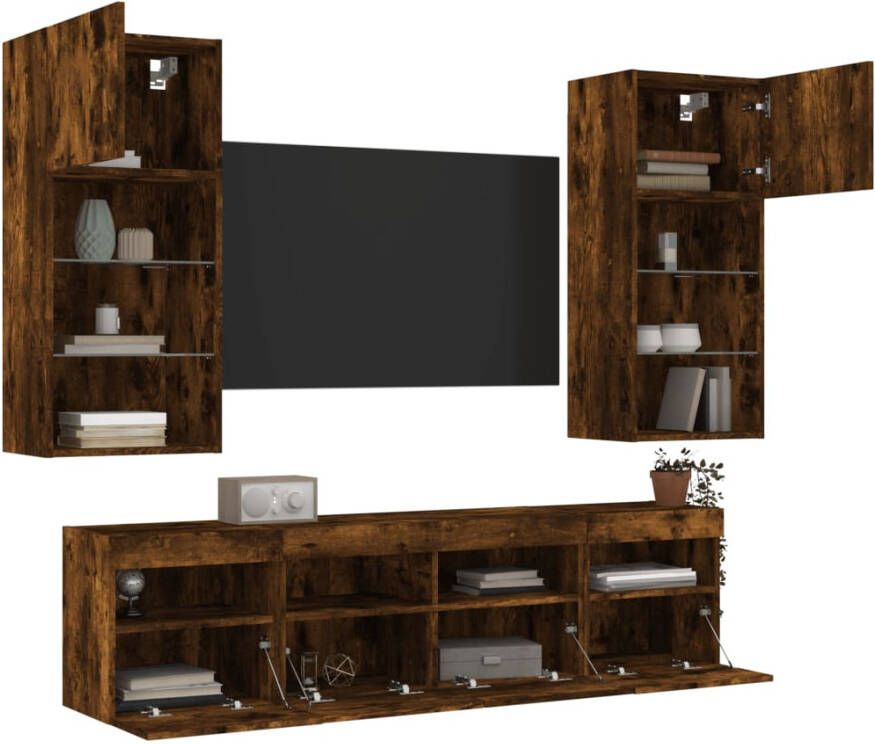 VidaXL -5-delige-tv-wandmeubelset-met-LED-bewerkt-hout-gerookt-eiken - Foto 4