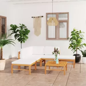 VidaXL 6-delige Loungeset met crèmekleurige kussens massief teakhout