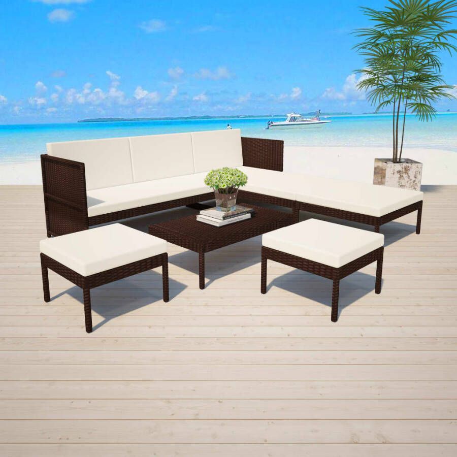 VIDAXL 6-delige Loungeset met kussens poly rattan bruin - Foto 4