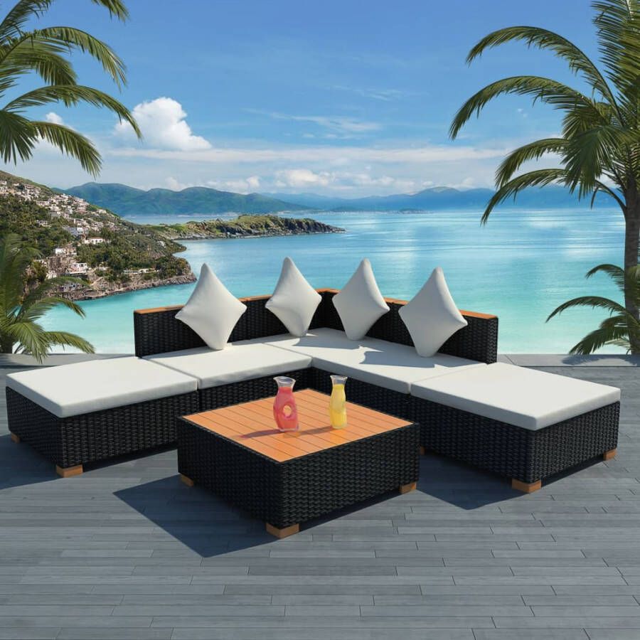 VIDAXL 6-delige Loungeset met kussens poly rattan zwart - Foto 4