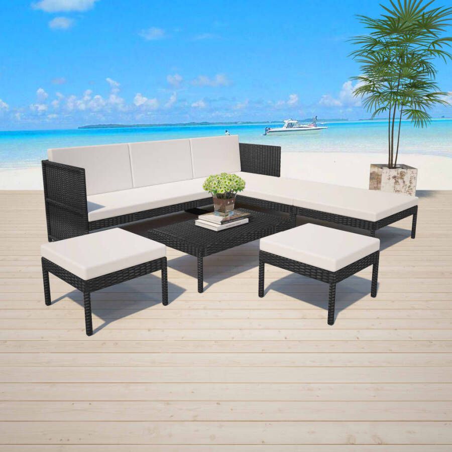 VIDAXL 6-delige Loungeset met kussens poly rattan zwart - Foto 4