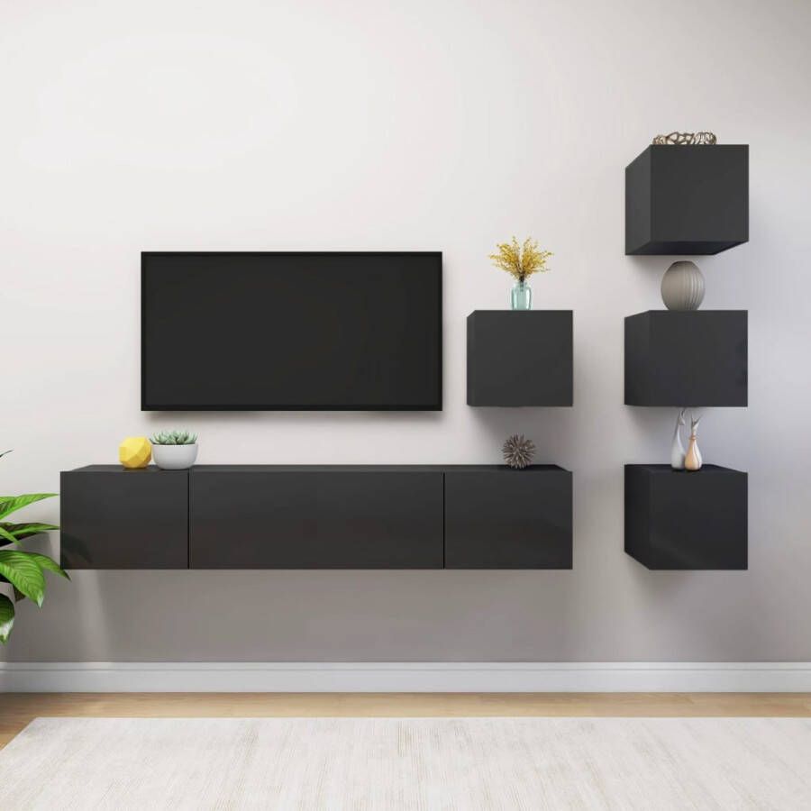 VidaXL -6-delige-Tv-meubelset-spaanplaat-hoogglans-grijs - Foto 1