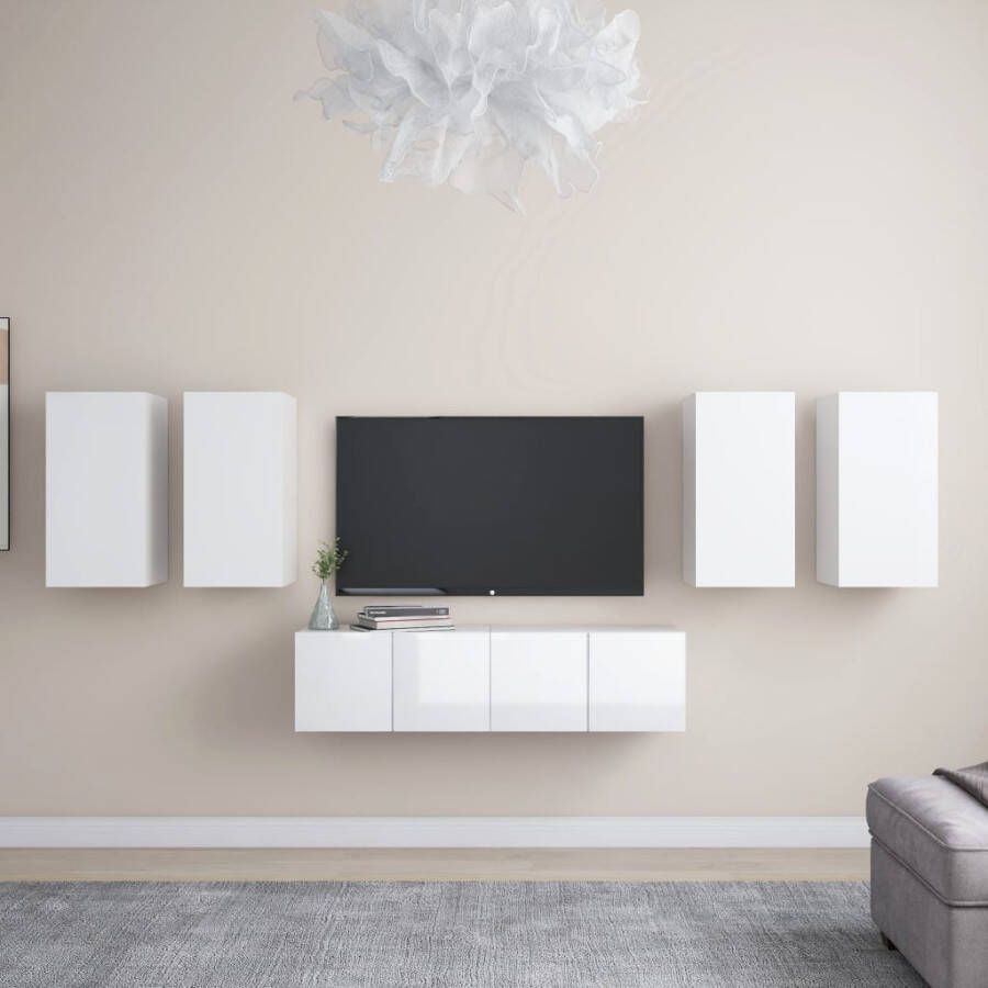 VidaXL -6-delige-Tv-meubelset-spaanplaat-hoogglans-wit - Foto 1